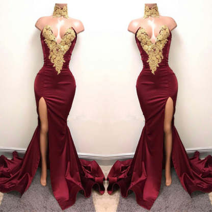 Burgundy V-Neck Mermaid Prom Dress with Split and Lace Appliques