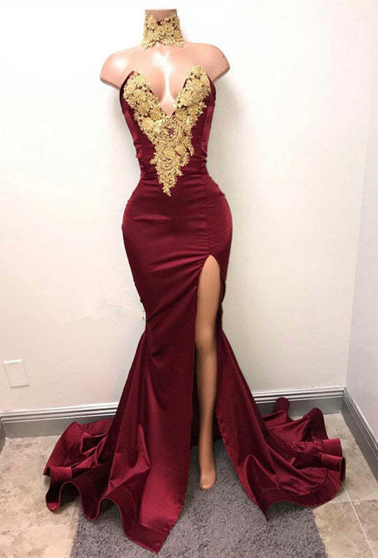 Burgundy V-Neck Mermaid Prom Dress with Split and Lace Appliques