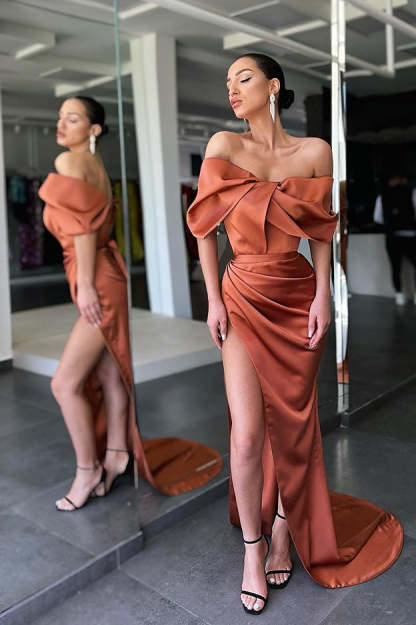 Burnt Orange Off-the-Shoulder Mermaid Prom Dress with Split