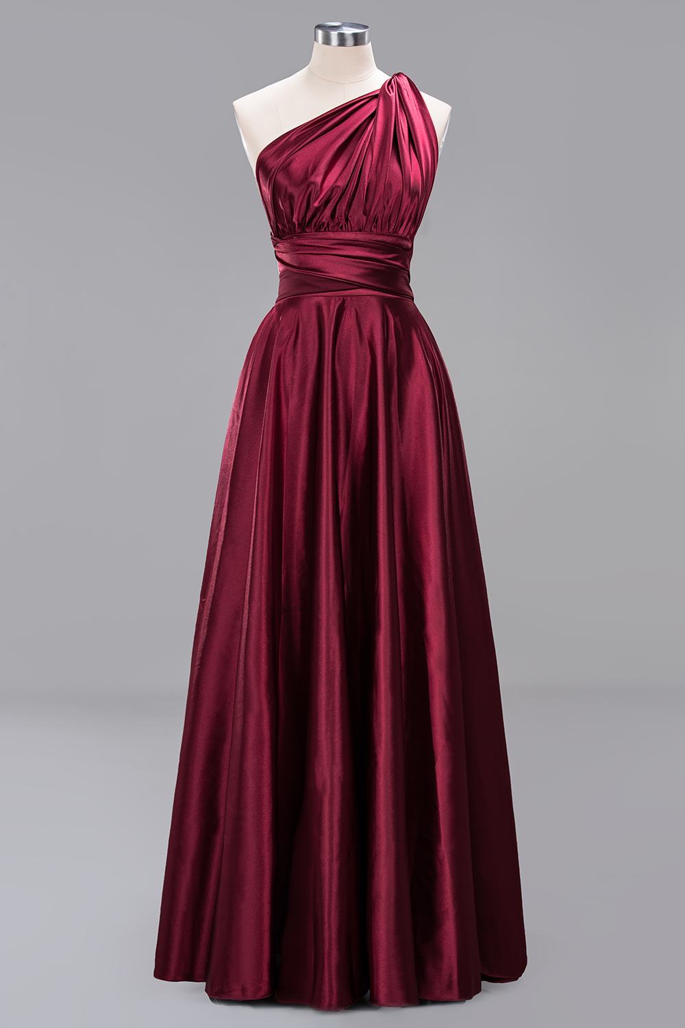 Elegant Long Burgundy Satin One Shoulder Bridesmaid Dresses - YESBABYONLINE