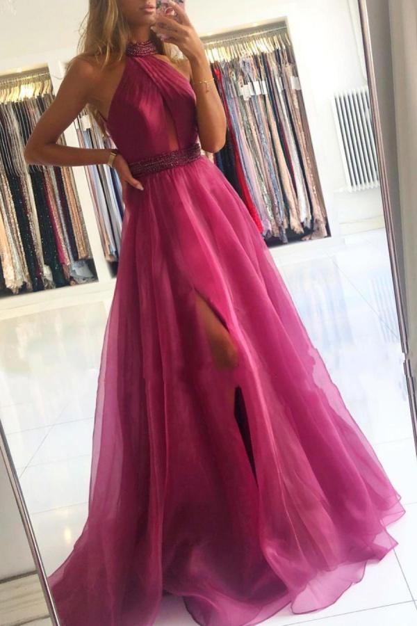 Gorgeous Long A-line Halter Tulle Backless Prom Dresses with Split - YESBABYONLINE