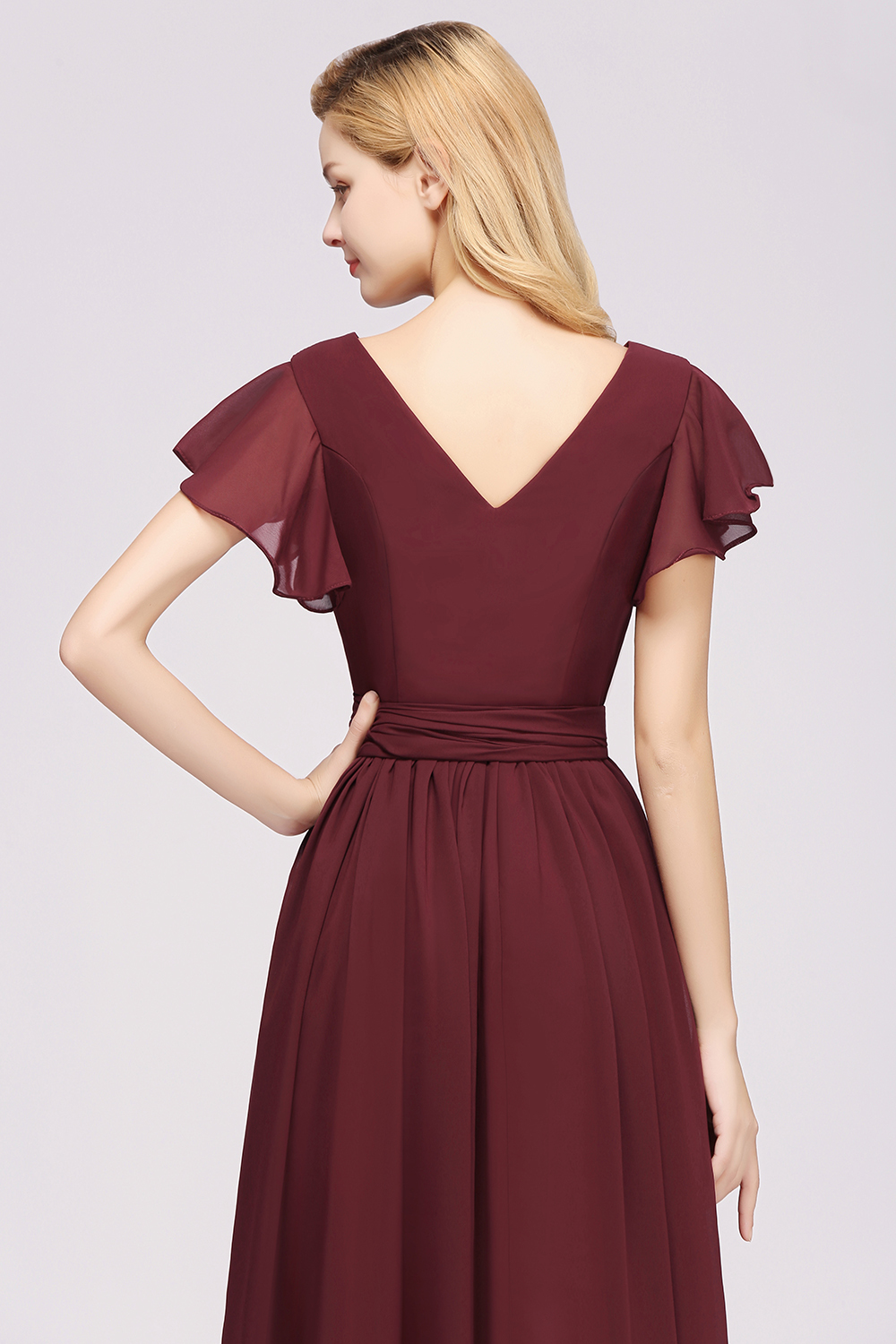 Elegant A-line V-Neck Short Sleeves Floor-Length Bridesmaid Dresses with Bow Sash - YESBABYONLINE