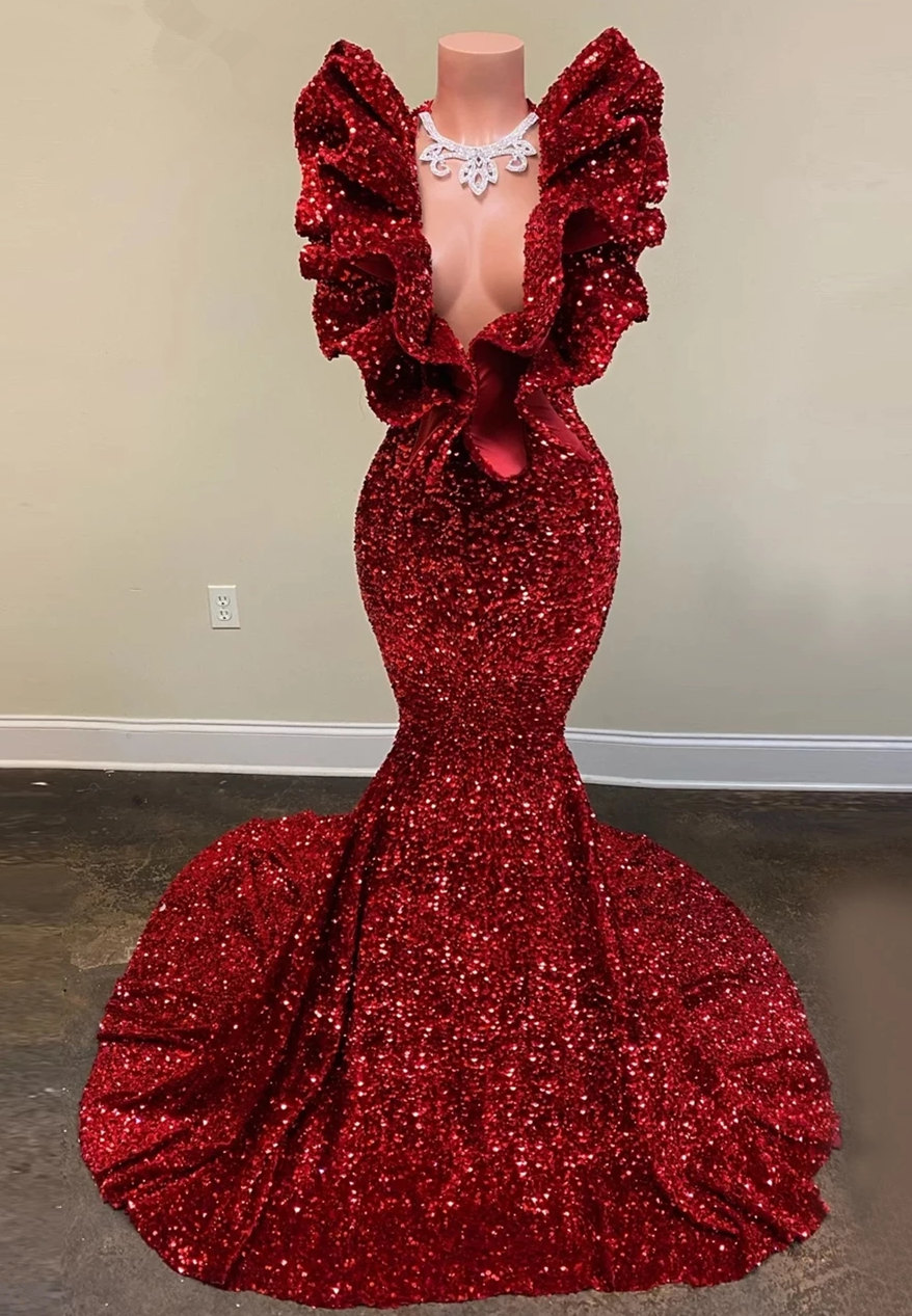 Burgundy Long V-neck Sequins Mermaid Formal Prom Dress - YESBABYONLINE