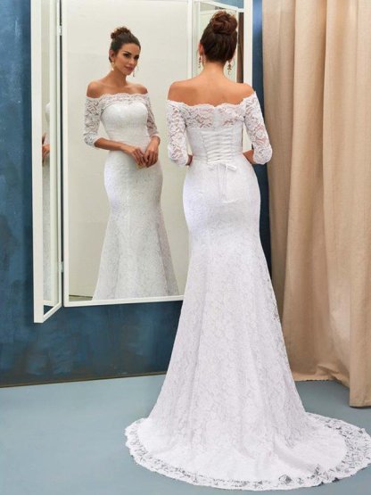 Long Mermaid Off The Shoulder Lace Wedding Dresses with Sleeves - YESBABYONLINE