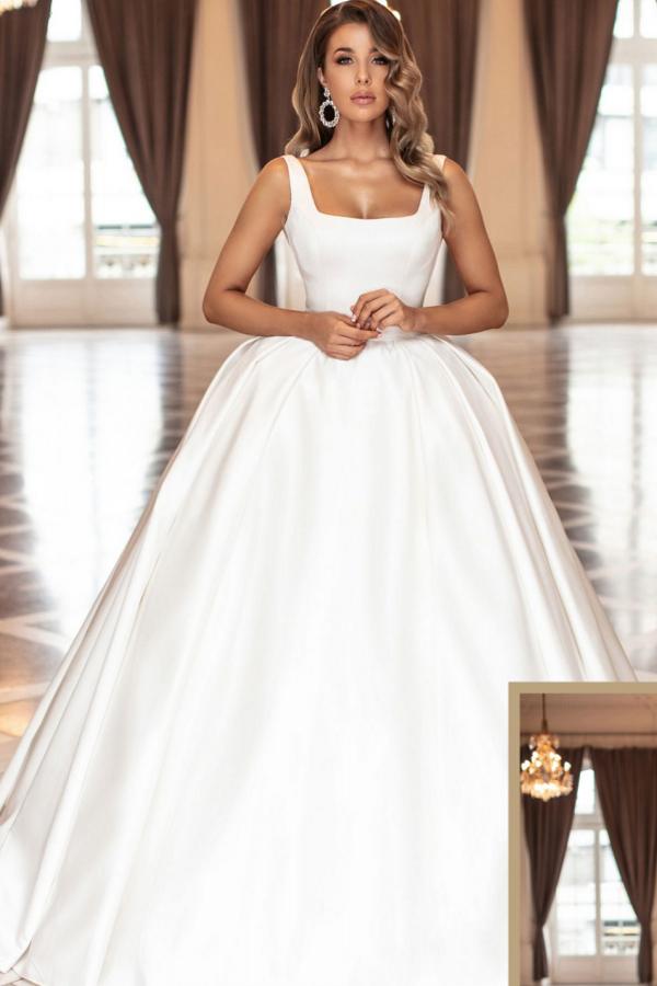 Simple White Long Square Straps Satin Ball Gown Wedding Dress - YESBABYONLINE
