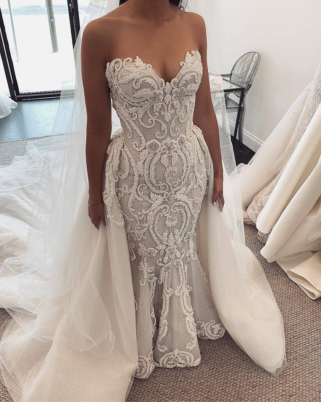 Long Mermaid Sweetheart Lace Tulle Wedding Dresses with Detachable Train - YESBABYONLINE