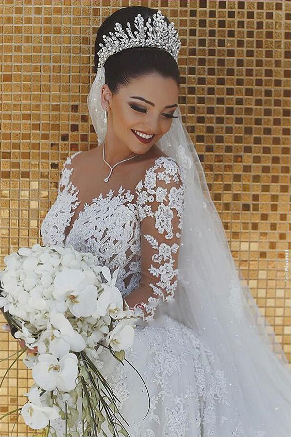 Glamorous Long Sleeves Mermaid Sweetheart Floor length Tulle Lace Wedding Dress - YESBABYONLINE