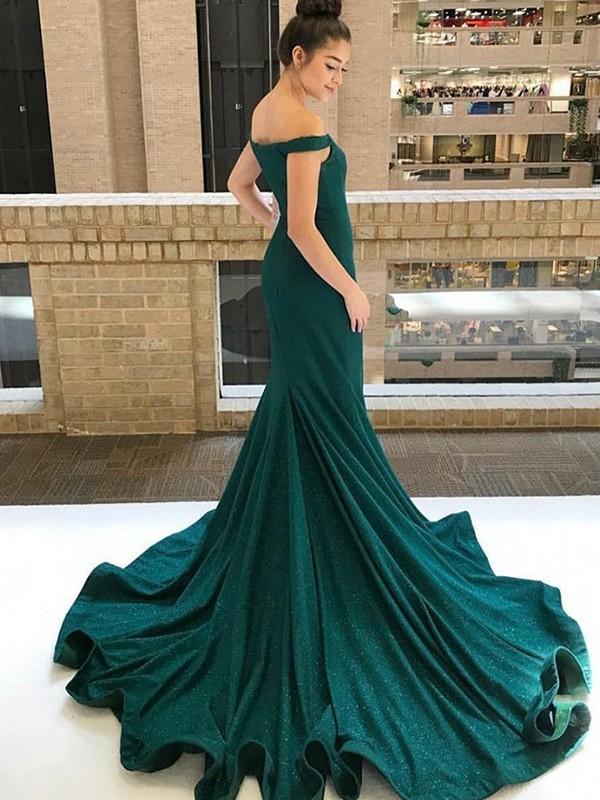 Elegant Long Off-The-Shoulder V-Neck Mermaid Prom Dresses with Train - YESBABYONLINE