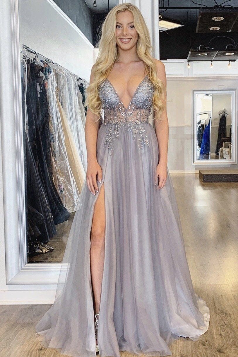 Long A-line Spaghetti Straps V-neck Tulle Backless Prom Dresses with Side Slit - YESBABYONLINE