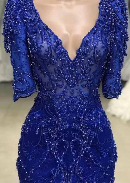 Royal Blue Long Mermaid V-neck Appliques Lace Prom Dresses with Half Sleeves - YESBABYONLINE
