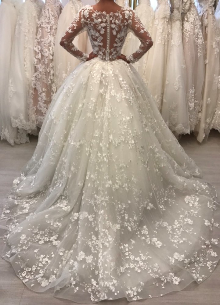 Long Ball Gown Round Neck Tulle Lace Wedding Dresses with Sleeves - YESBABYONLINE