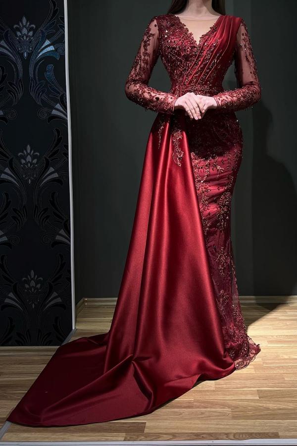 Elegant Long V-Neck Mermaid Floor-Length Lace Satin Prom Dress with Sleeves - YESBABYONLINE