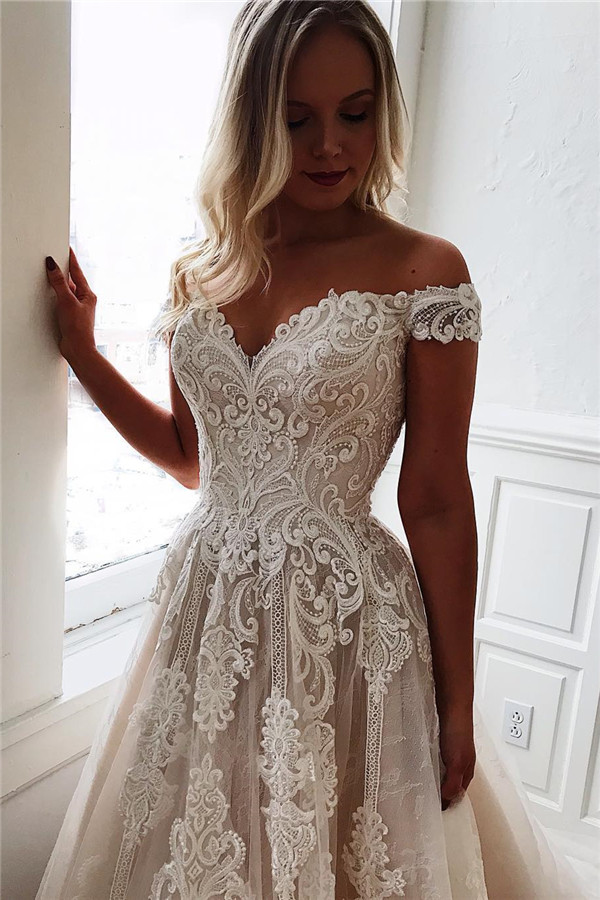Long A-line Off-The-Shoulder Lace Appliques Wedding Dresses - YESBABYONLINE