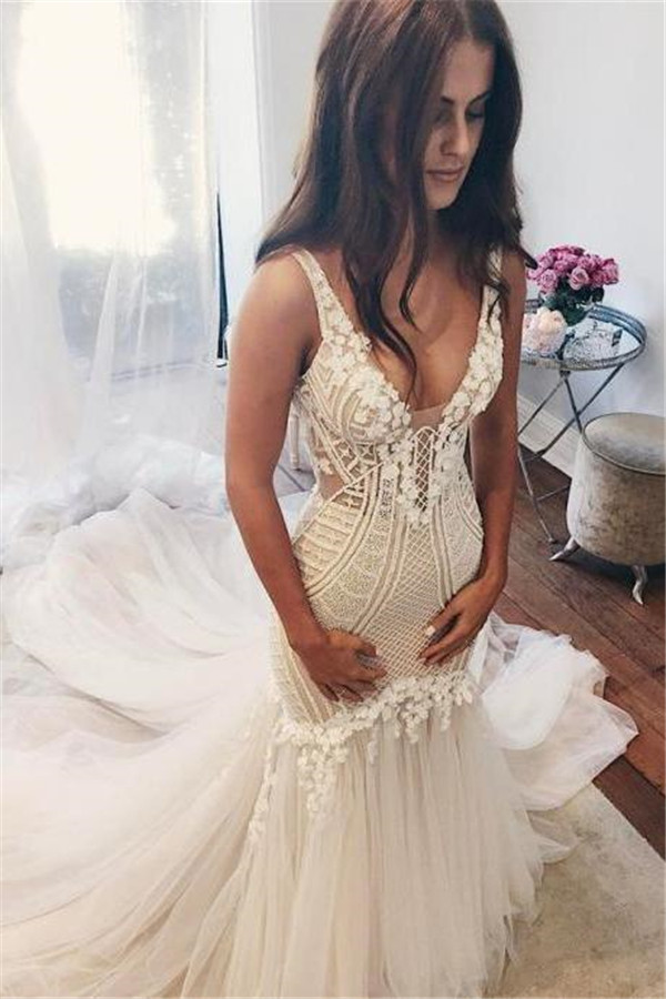 Long V-Neck Mermaid Tulle Lace Sleeveless Open Back Wedding Dresses - YESBABYONLINE