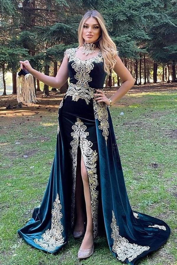 Gorgeous Velvet Gold Appliques Lace Formal Prom Dress With Side Slit Detachable Train - YESBABYONLINE