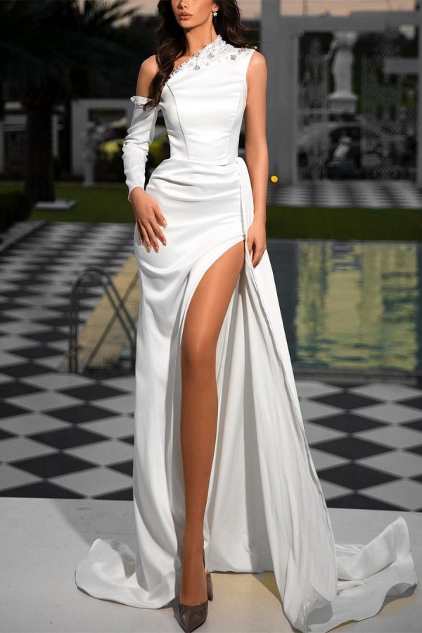 Long Sleeves Mermaid One Shoulder Satin Formal Prom Dresses with Slit - YESBABYONLINE