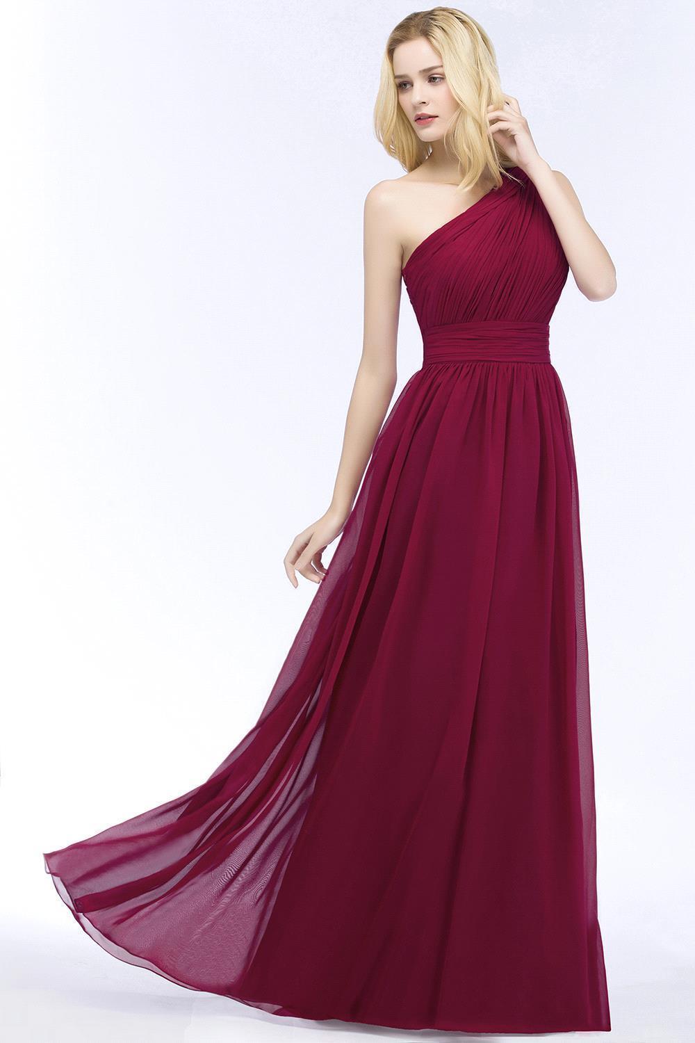 Burgundy Long A Line One Shoulder Chiffon Bridesmaid Dresses - YESBABYONLINE