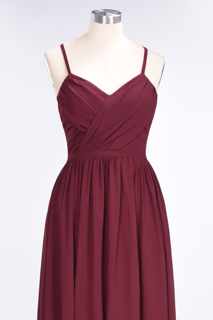 A-Line Spaghetti-Straps V-Neck Sleeveless Floor-Length Bridesmaid Dress with Ruffles - YESBABYONLINE