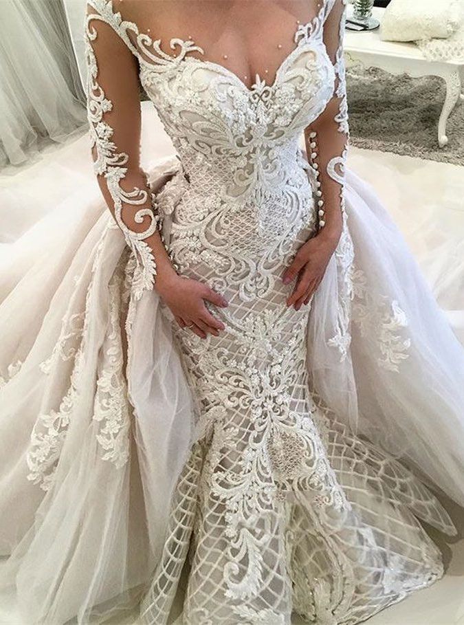 Glamorous Long Sleeves Mermaid Sweetheart Tulle Lace Wedding Dresses - YESBABYONLINE