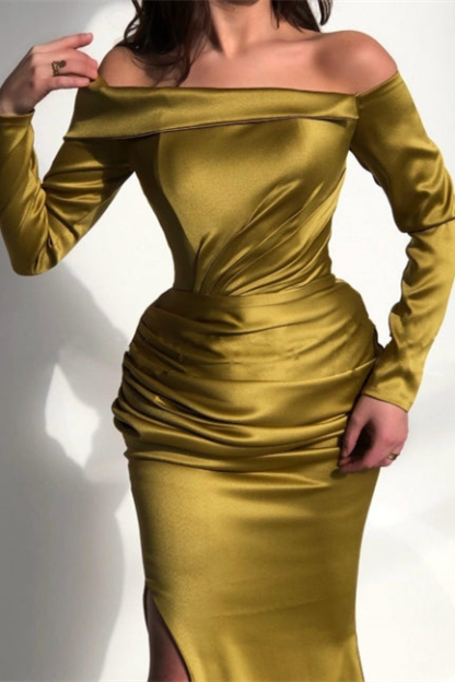 Stunning Off-The-Shoulder Long Sleeves Mermaid Satin Prom Dresses with Split - YESBABYONLINE