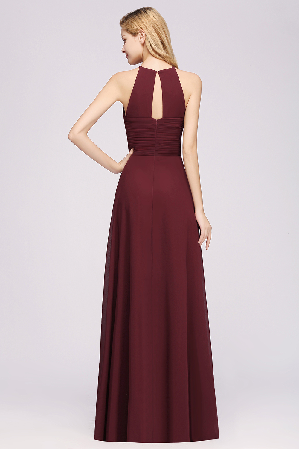 Long A-Line Halter Ruffles Floor-Length Chiffon Bridesmaid Dress - YESBABYONLINE