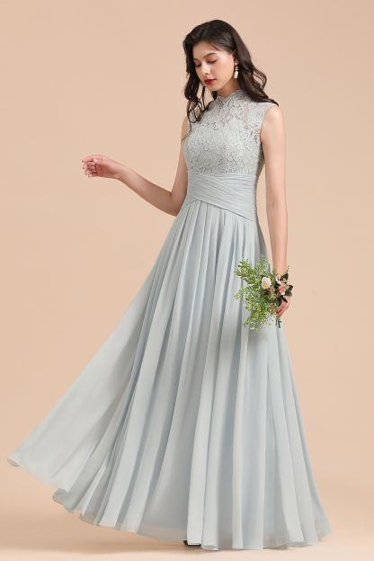 Long A-line High Neck Chiffon Lace Floor Length Bridesmaid Dresses - YESBABYONLINE