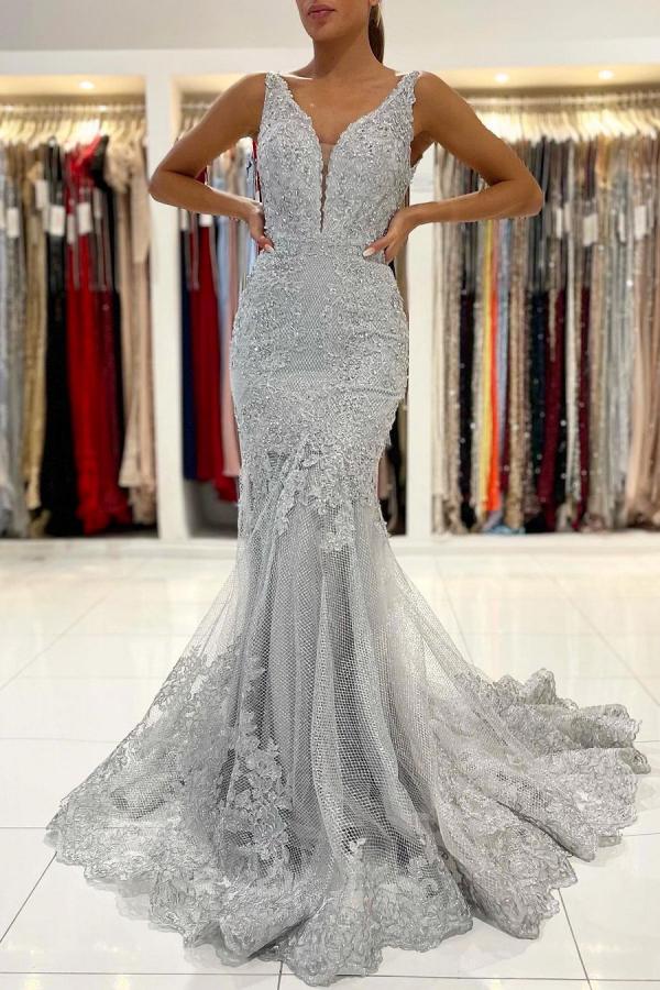 Elegant Long V-neck Appliques Lace Open Back Floor-length Mermaid Prom Dress - YESBABYONLINE