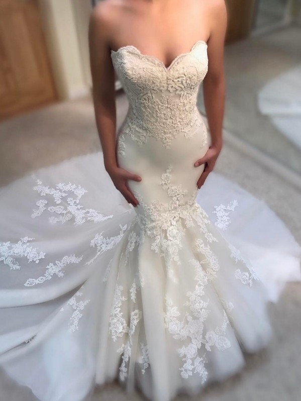 Glamorous Long Mermaid Sweetheart Tulle Lace Wedding Dresses - YESBABYONLINE
