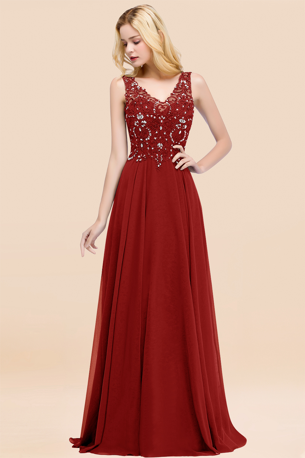 Long A-line Straps V Neck Applique Lace Floor Length Chiffon Bridesmaid Dresses - YESBABYONLINE