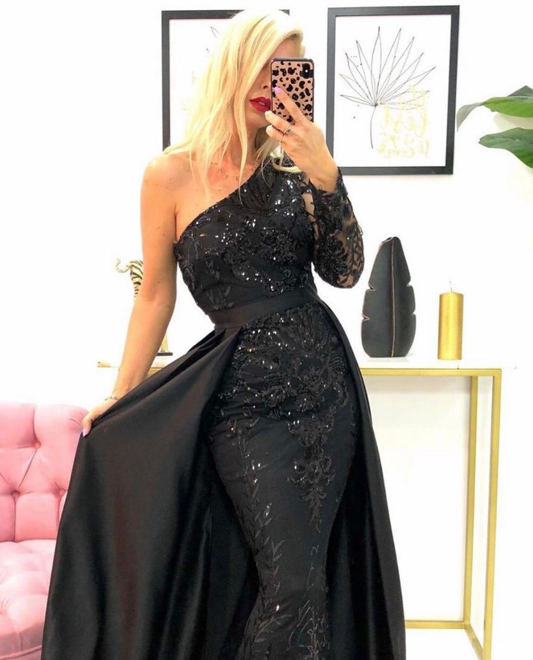 Black Long One Shoulder Mermaid Lace Satin Prom Dress with Sleeves - YESBABYONLINE
