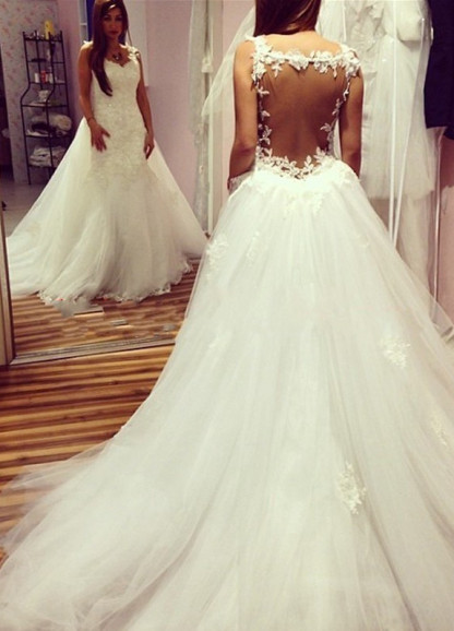 Long Mermaid Sweetheart Tulle Lace Open Back Wedding Dresses - YESBABYONLINE