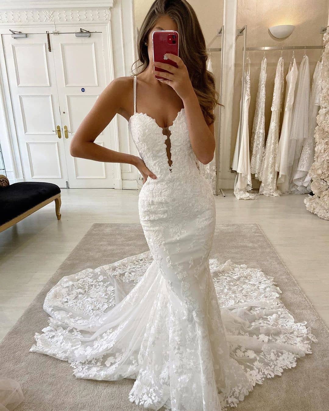 Long Spaghetti Strap Sweetheart Lace Tulle Mermaid Wedding Dresses - YESBABYONLINE