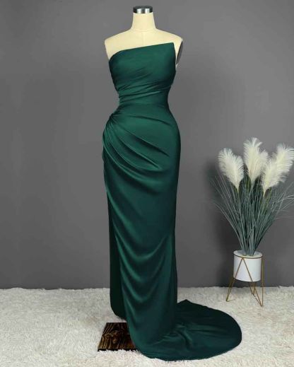 Elegant Long Strapless Sleeveless Mermaid Satin Prom Dresses with Slit - YESBABYONLINE