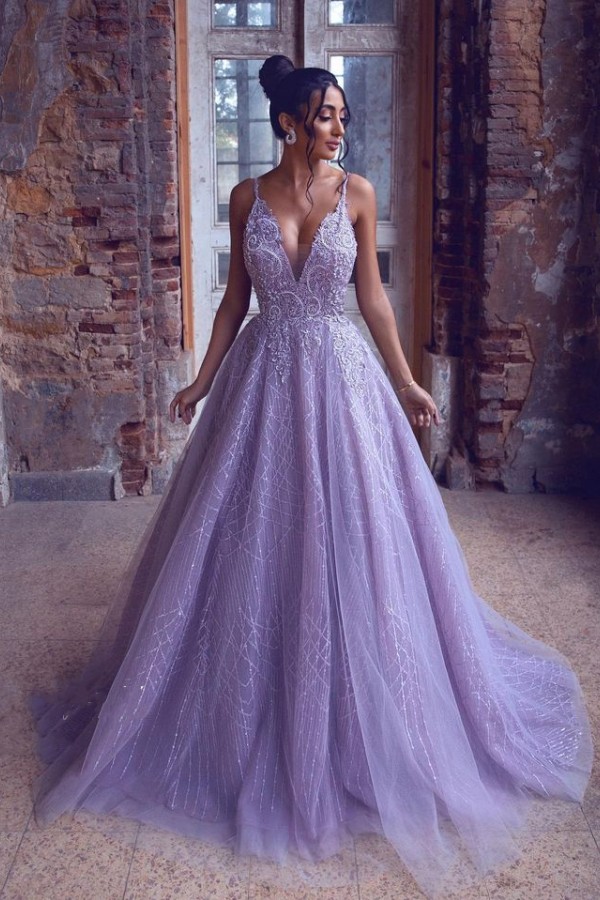 Long A-line V-neck Spaghetti Straps Tulle Appliques Lace Backless Evening Prom Dress - YESBABYONLINE