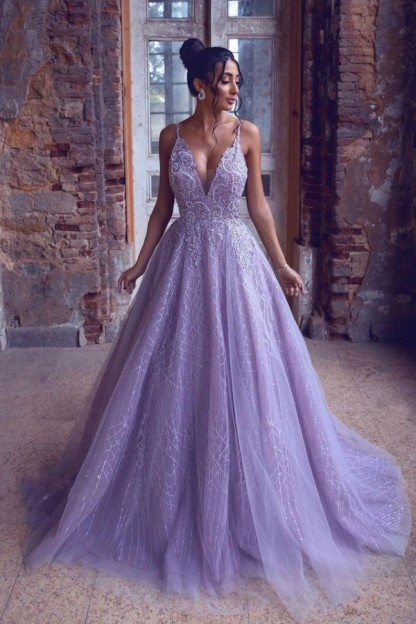 Long A-line V-neck Spaghetti Straps Tulle Appliques Lace Backless Evening Prom Dress - YESBABYONLINE