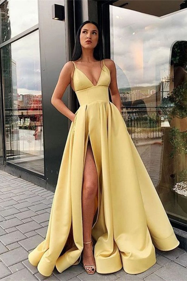 Sexy Long A-Line V-Neck Sleeveless Satin Front Slit Prom Dresses with Pockets - YESBABYONLINE