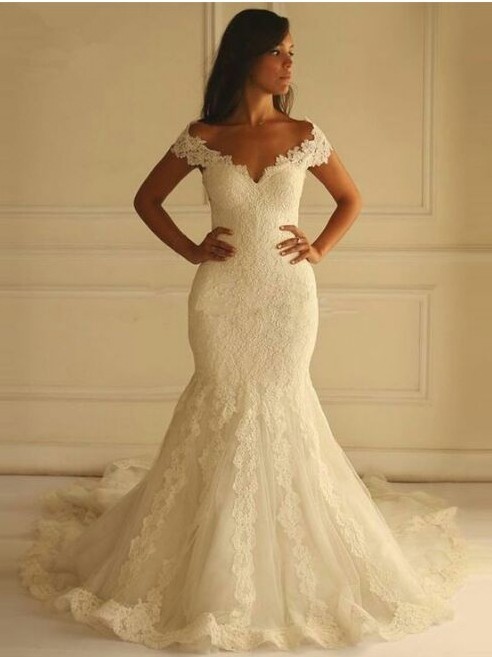 Glamorous Long Off The Shoulder Mermaid Applique Lace Tulle Wedding Dresses - YESBABYONLINE