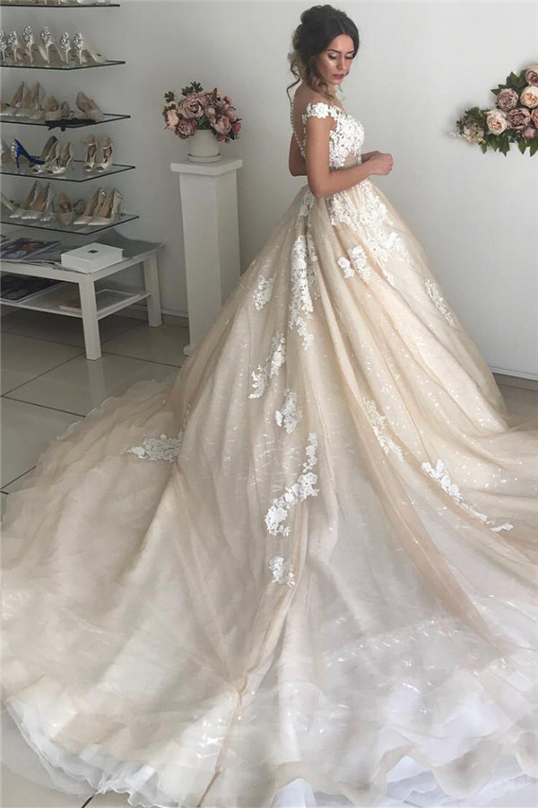Long Ball Gown Off-the-Shoulder Tulle Lace Backless Wedding Dresses - YESBABYONLINE