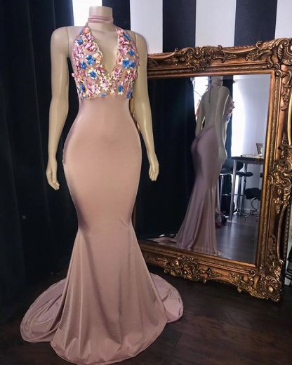 Long Mermaid Halter Appliques Lace Sleeveless Backless Prom Dresses - YESBABYONLINE