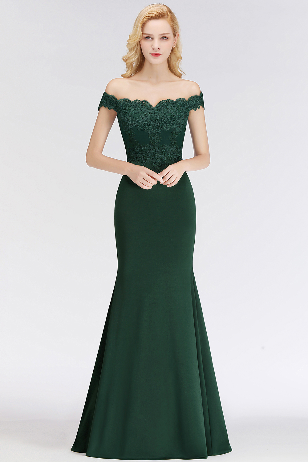 Elegant Long Mermaid Off The Shoulder Satin Appliques Lace Floor Length Bridesmaid Dresses - YESBABYONLINE