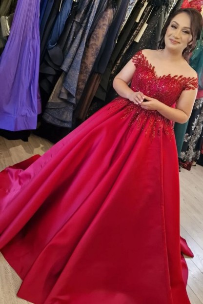Long Ball Gown Off The Shoulder Floor Length Satin Prom Dress with Ruffles - YESBABYONLINE