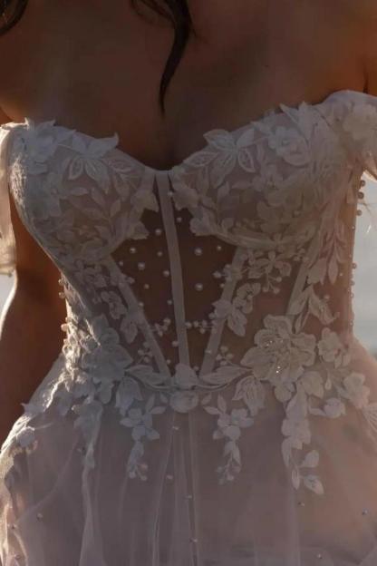 Off The Shoulder Open Back A-Line Tulle Long Wedding Dress