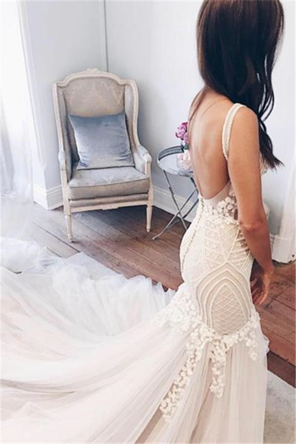 Long V-Neck Mermaid Tulle Lace Sleeveless Open Back Wedding Dresses - YESBABYONLINE