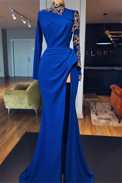 Royal Blue Long Sleeves Mermaid High Neck Satin Prom Dresses with Side Slit - YESBABYONLINE