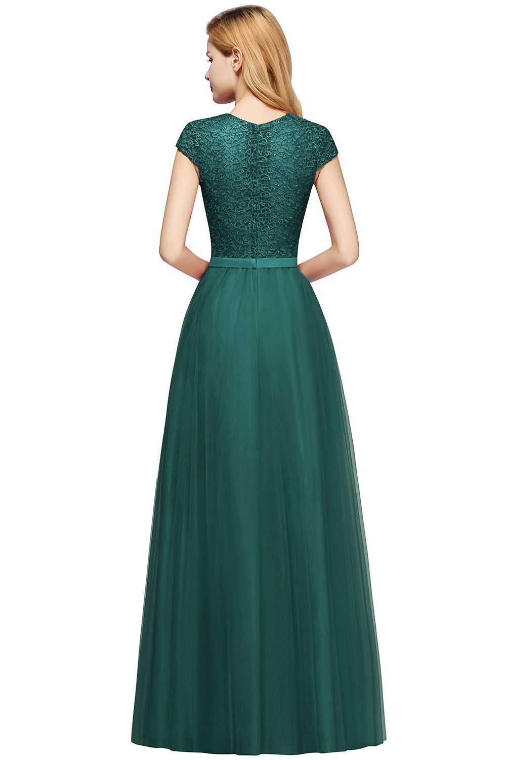Long A-line Tulle Lace Bridesmaid Dress with Cap Sleeves - YESBABYONLINE