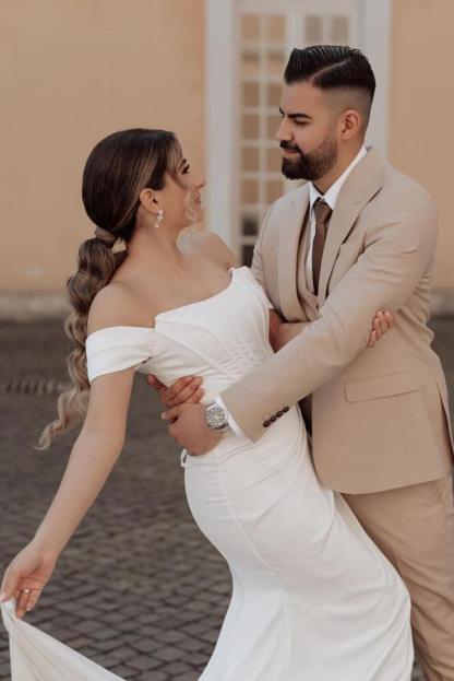 Elegant Long Sleeveless Floor-Length Off the Shoulder Satin Mermaid Wedding Dresses with Slit - YESBABYONLINE