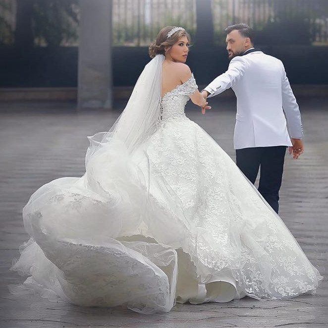 Long Ball Gown Off the Shoulder Tulle Appliques Lace White Wedding Dress - YESBABYONLINE