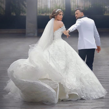 Long Ball Gown Off the Shoulder Tulle Appliques Lace White Wedding Dress - YESBABYONLINE