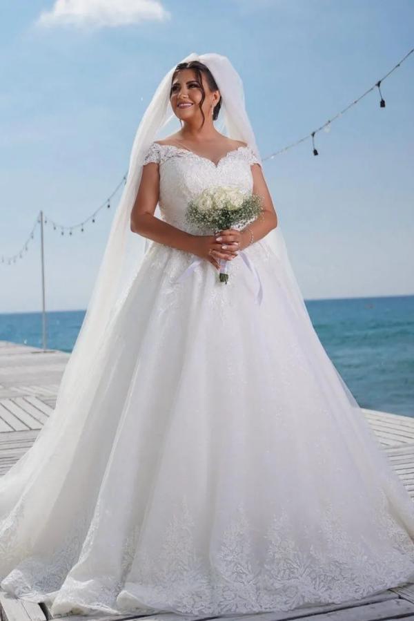 Elegant Long Off the Shoulder Sleeveless Tulle Ball Gown Wedding Dress with Appliques - YESBABYONLINE