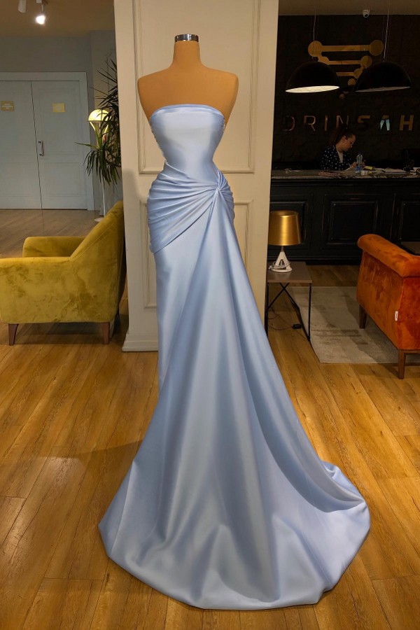 Sky Blue Long Mermaid Strapless Sleevelss Satin Prom Dress with Ruffle   YESBABYONLINE